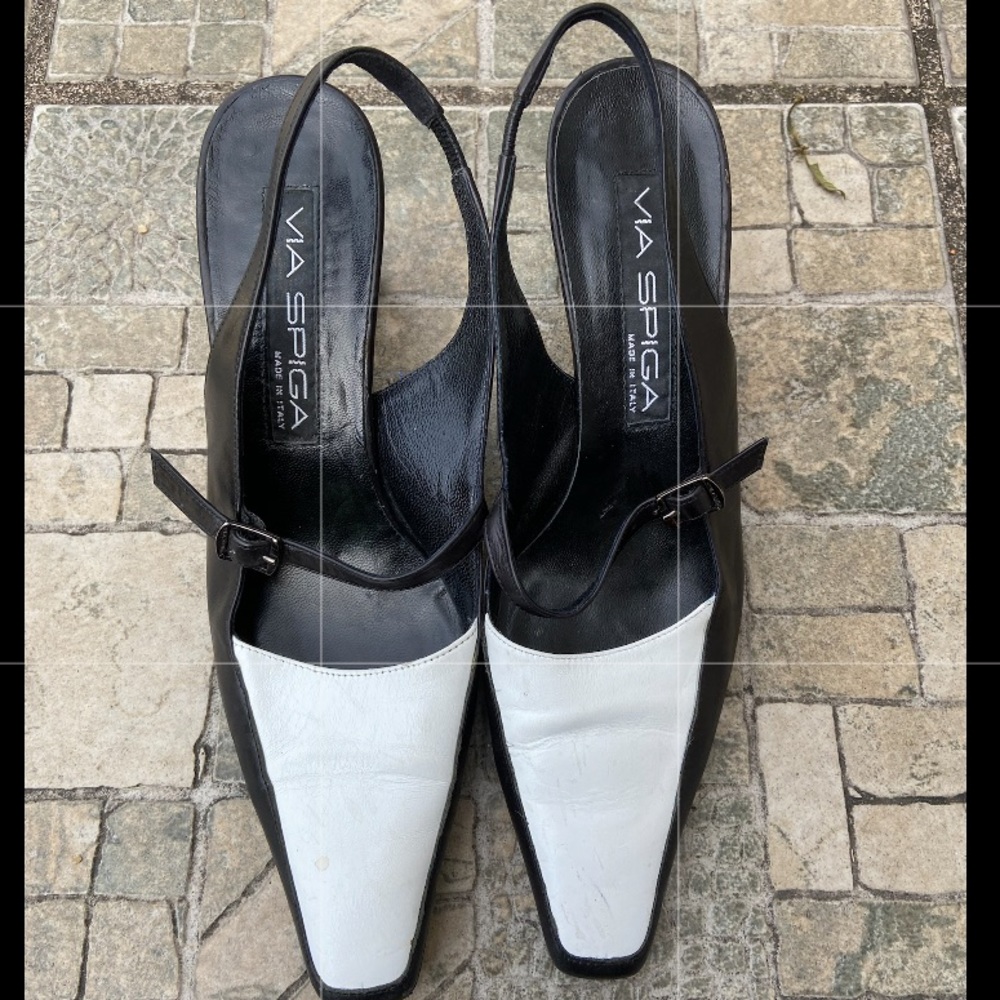 Via Spiga Black and White Leather Slingbacks